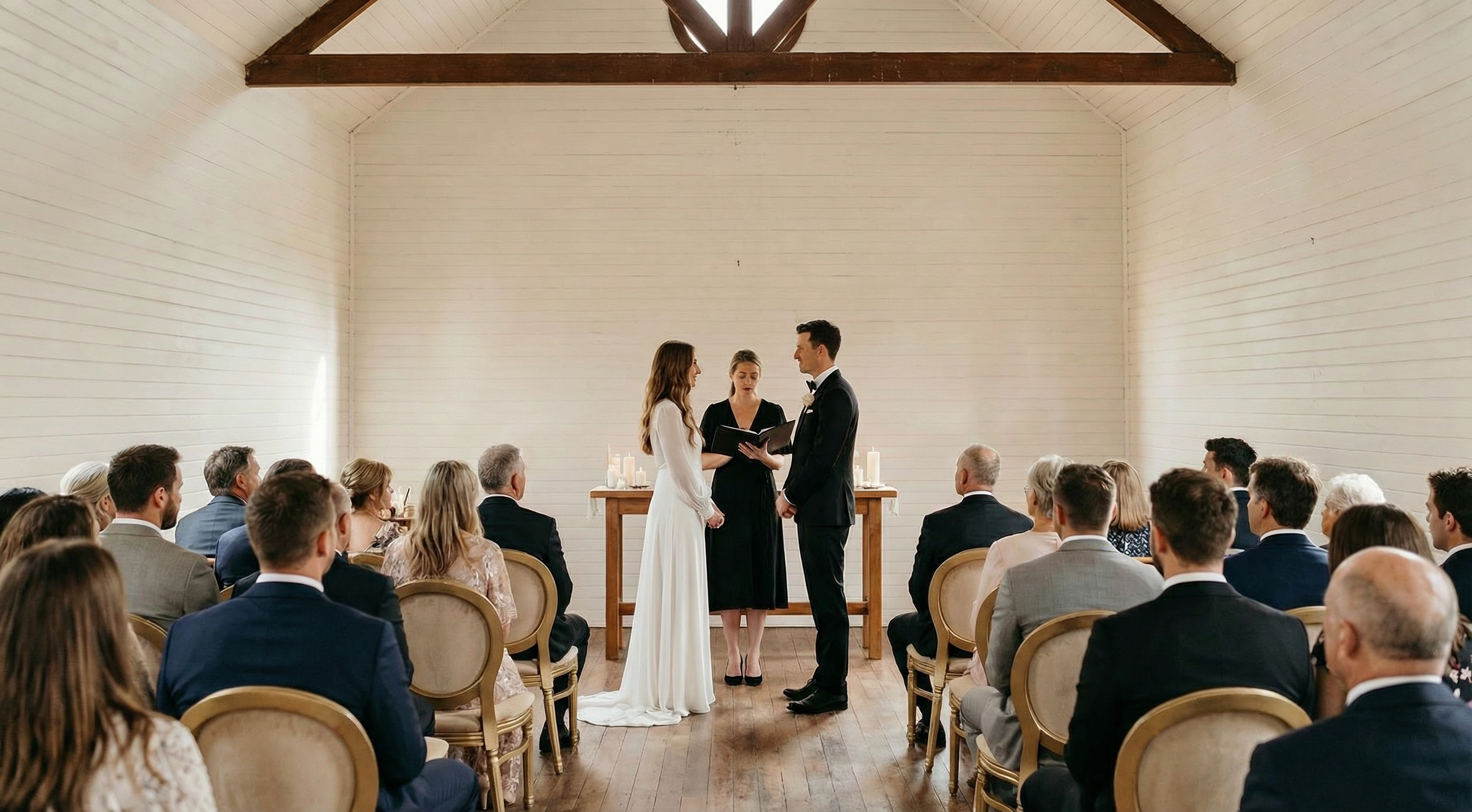 Rustic chapel wedding ceremony with guests