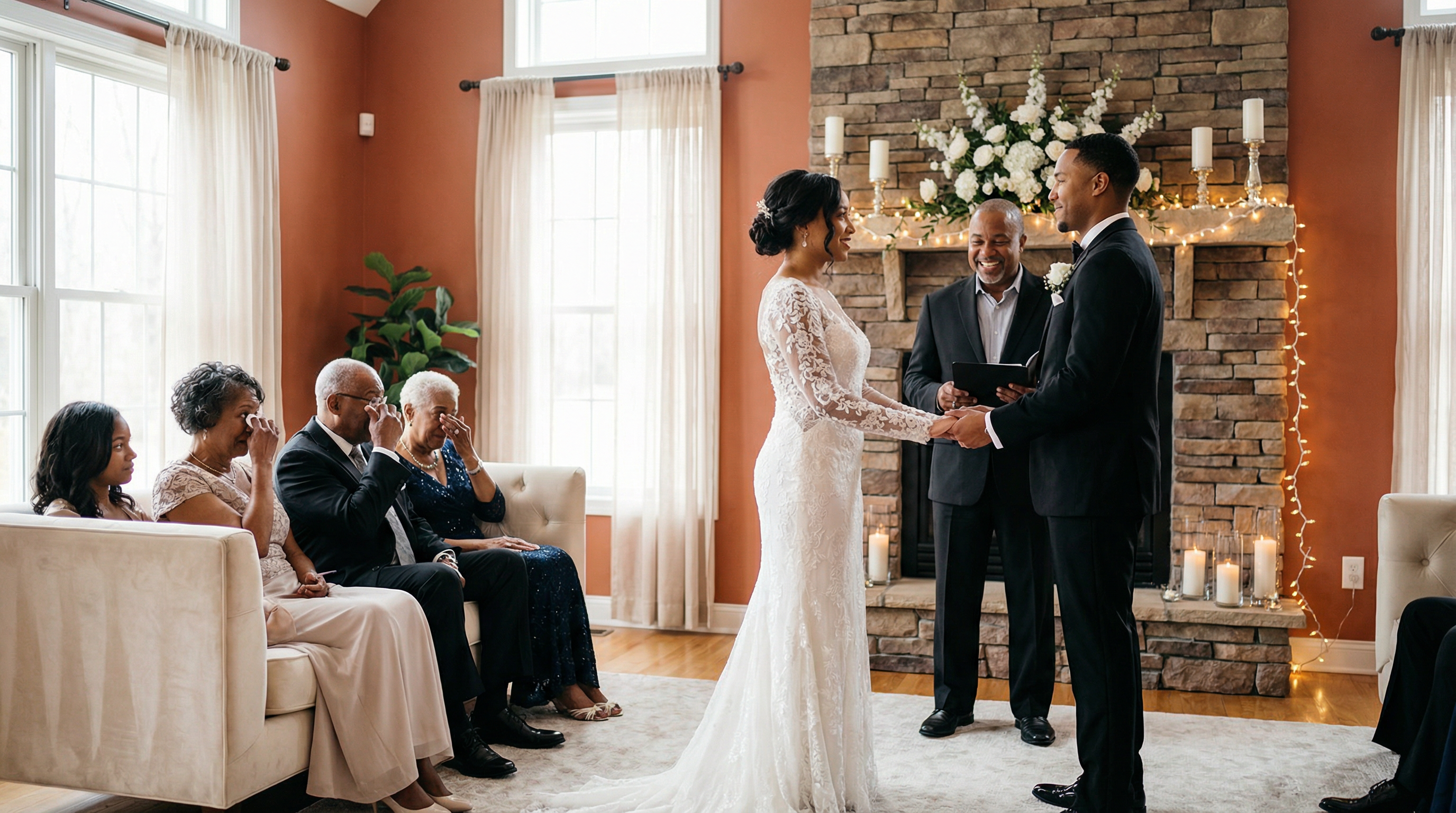 Intimate home wedding ceremony in living room