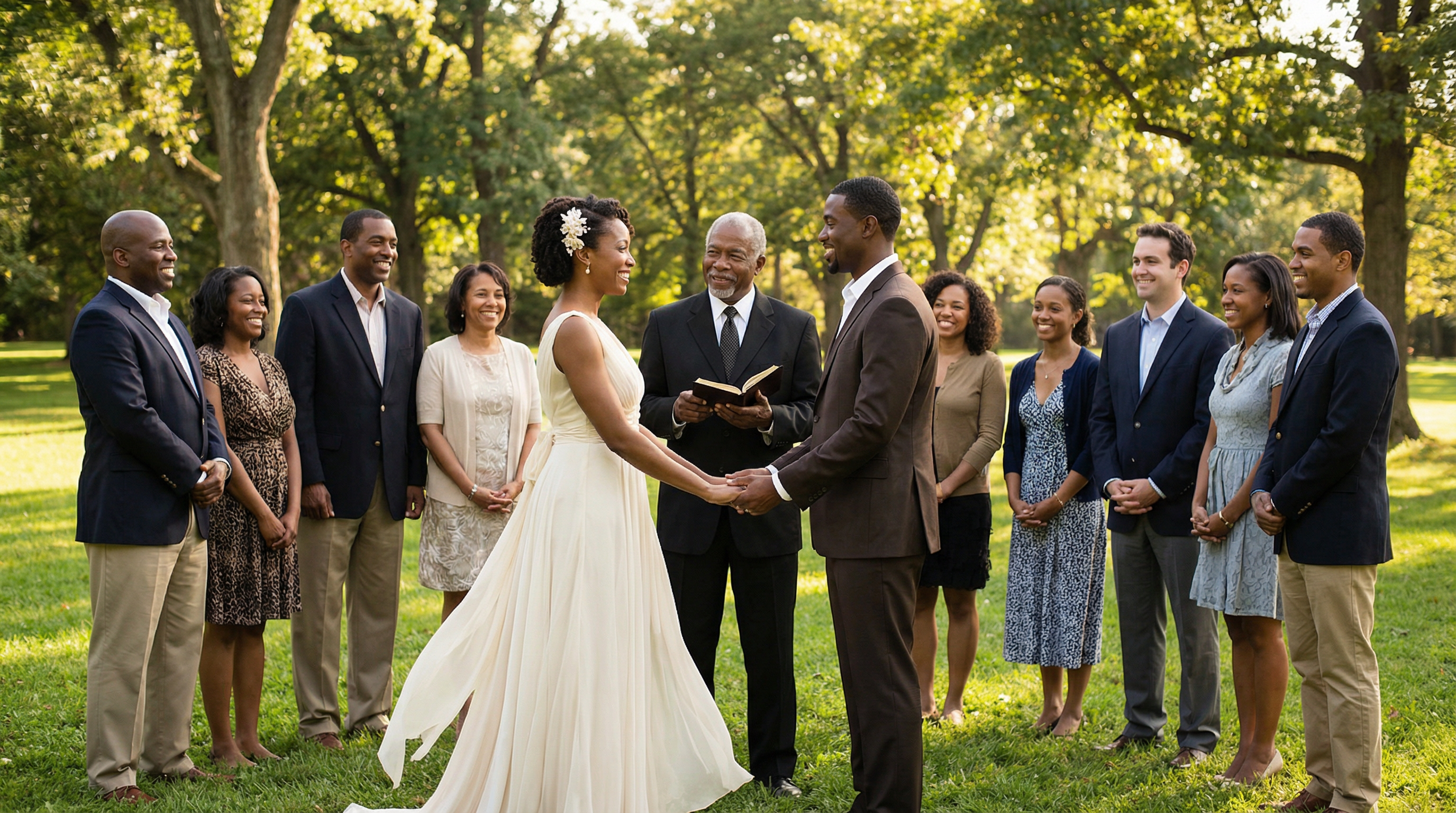 Outdoor park wedding ceremony with family and friends