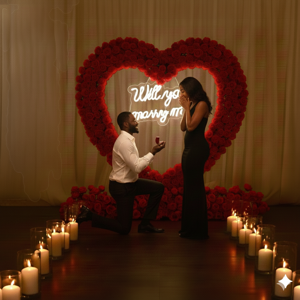 Couple in a romantic proposal moment in front of heart-shaped rose installation